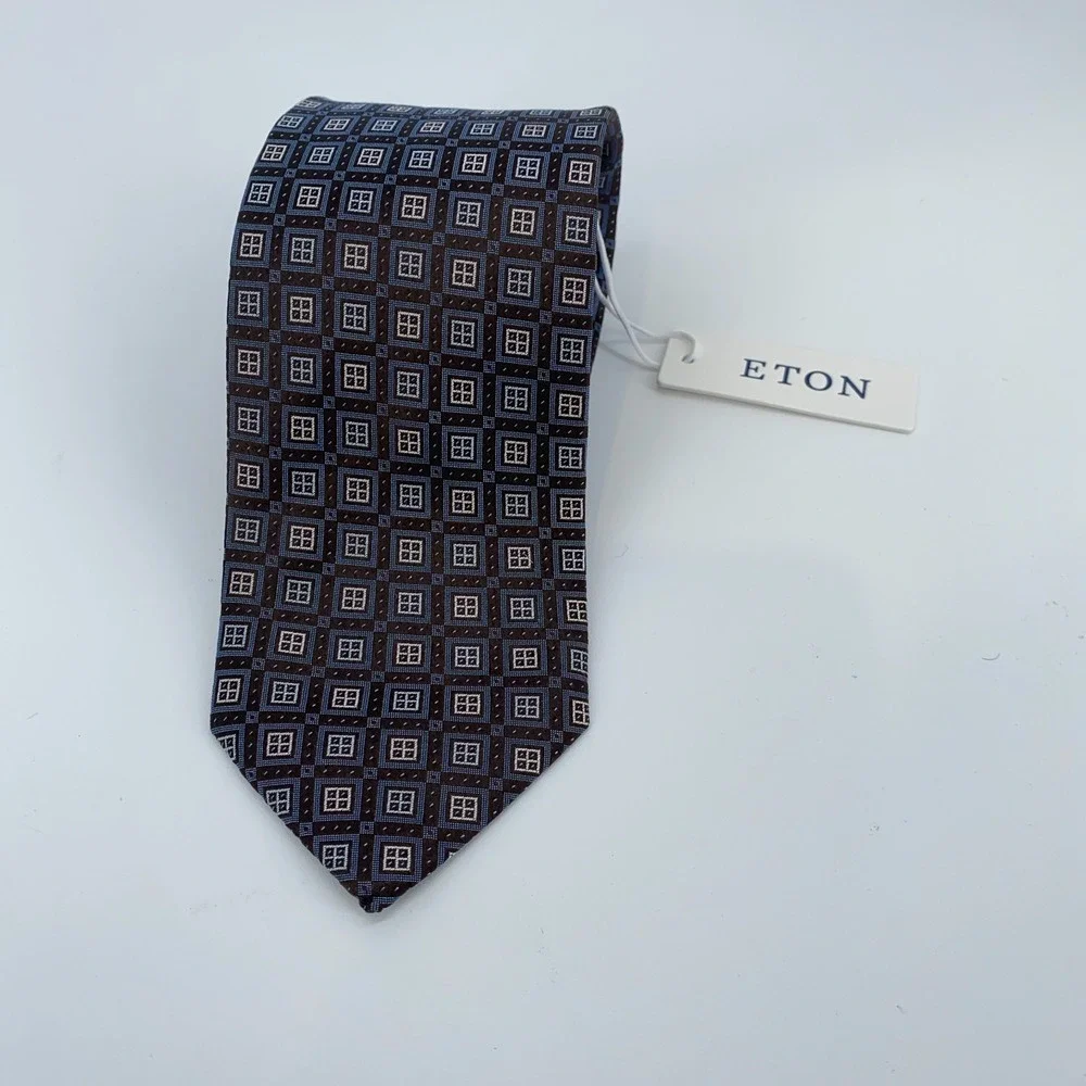 Eton Tie Men One Size Black Blue Patterned Professional Necktie England Made NWT
